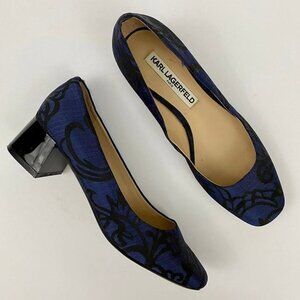 Karl Lagerfeld Paris Charee Navy Blue Black Tapestry Fabric Block Heels Sz 6.5